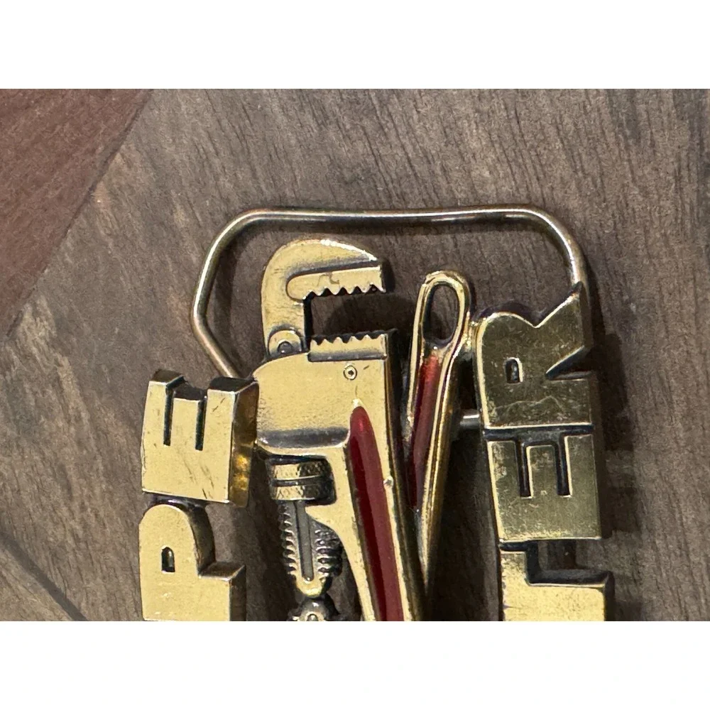 Vintage Pipefitter‎ 1990 Belt Buckle Gold tone Red Embellishment Tools